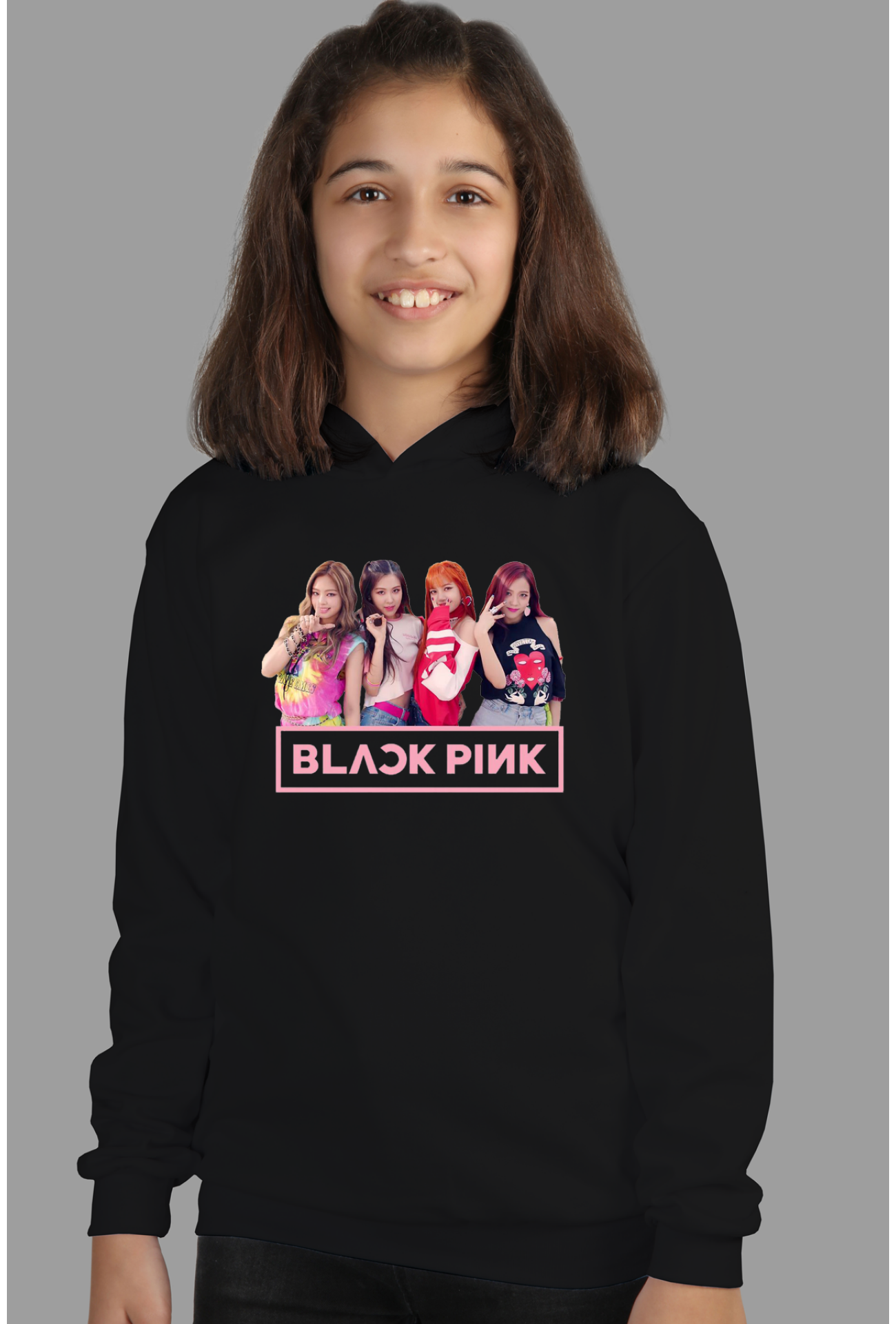  Çoçuk Kapüşonlu Sweatshirt Black Pink Dijital Baskılı Iki Iplik Içi Şardonlu