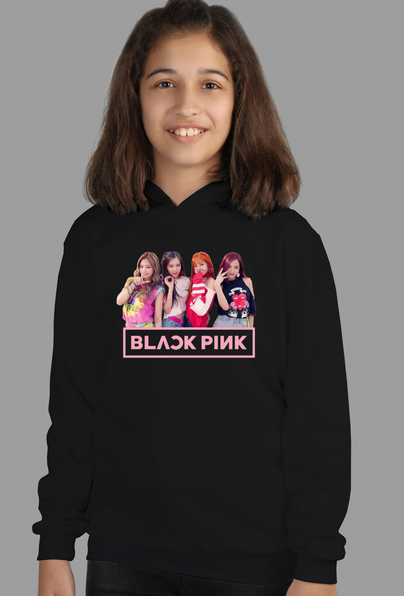  Çoçuk Kapüşonlu Sweatshirt Black Pink Dijital Baskılı Iki Iplik Içi Şardonlu