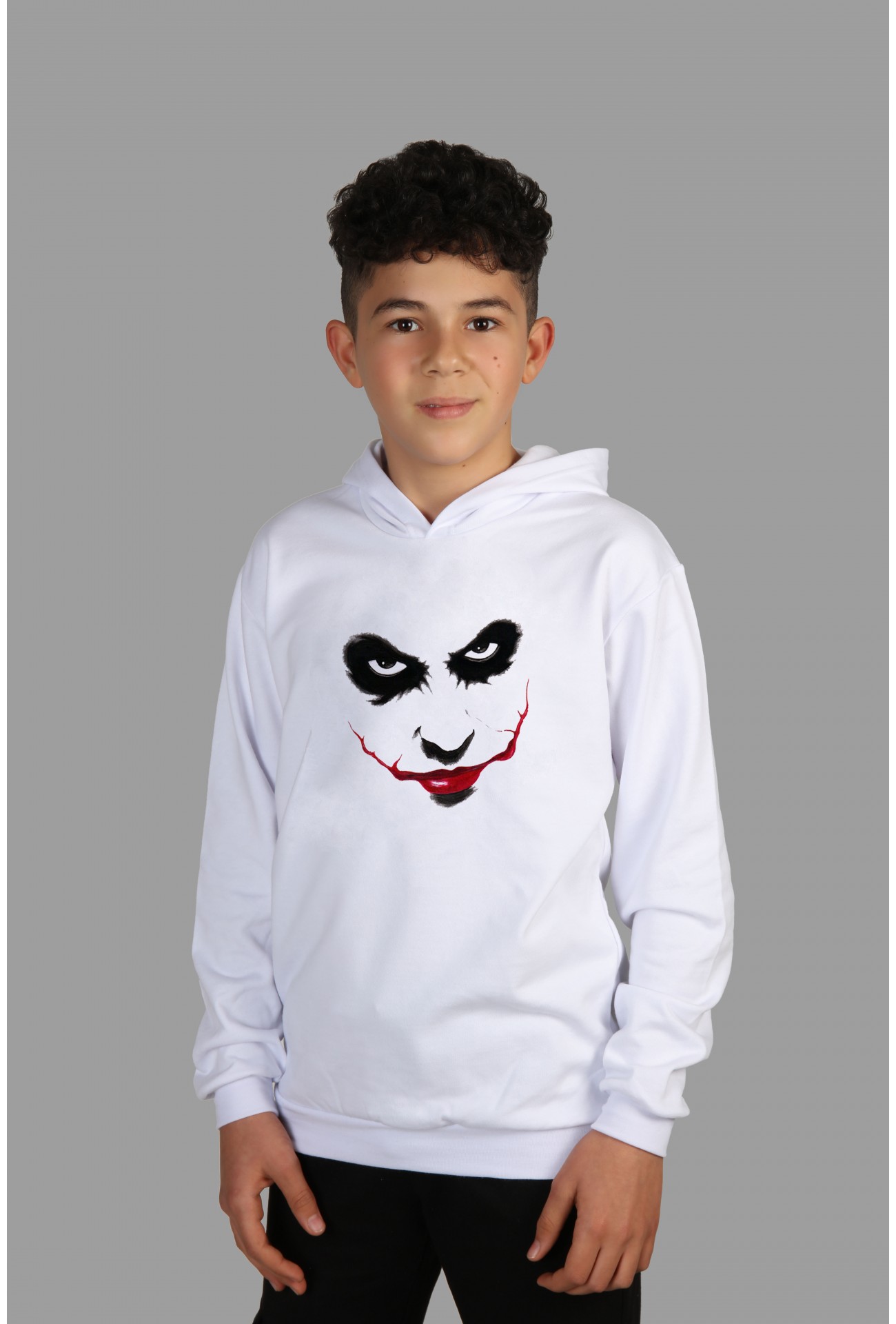 Raf Coll Çocuk Beyaz Kapşonlu Sweatshirt Joker Yüzü Dijital Baskılı