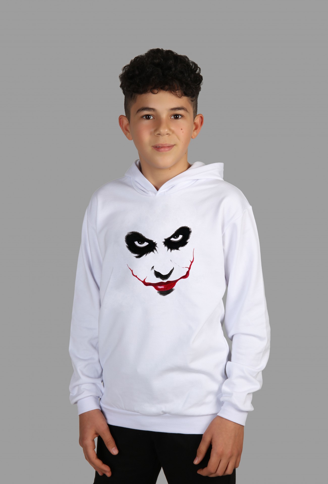 Raf Coll Çocuk Beyaz Kapşonlu Sweatshirt Joker Yüzü Dijital Baskılı