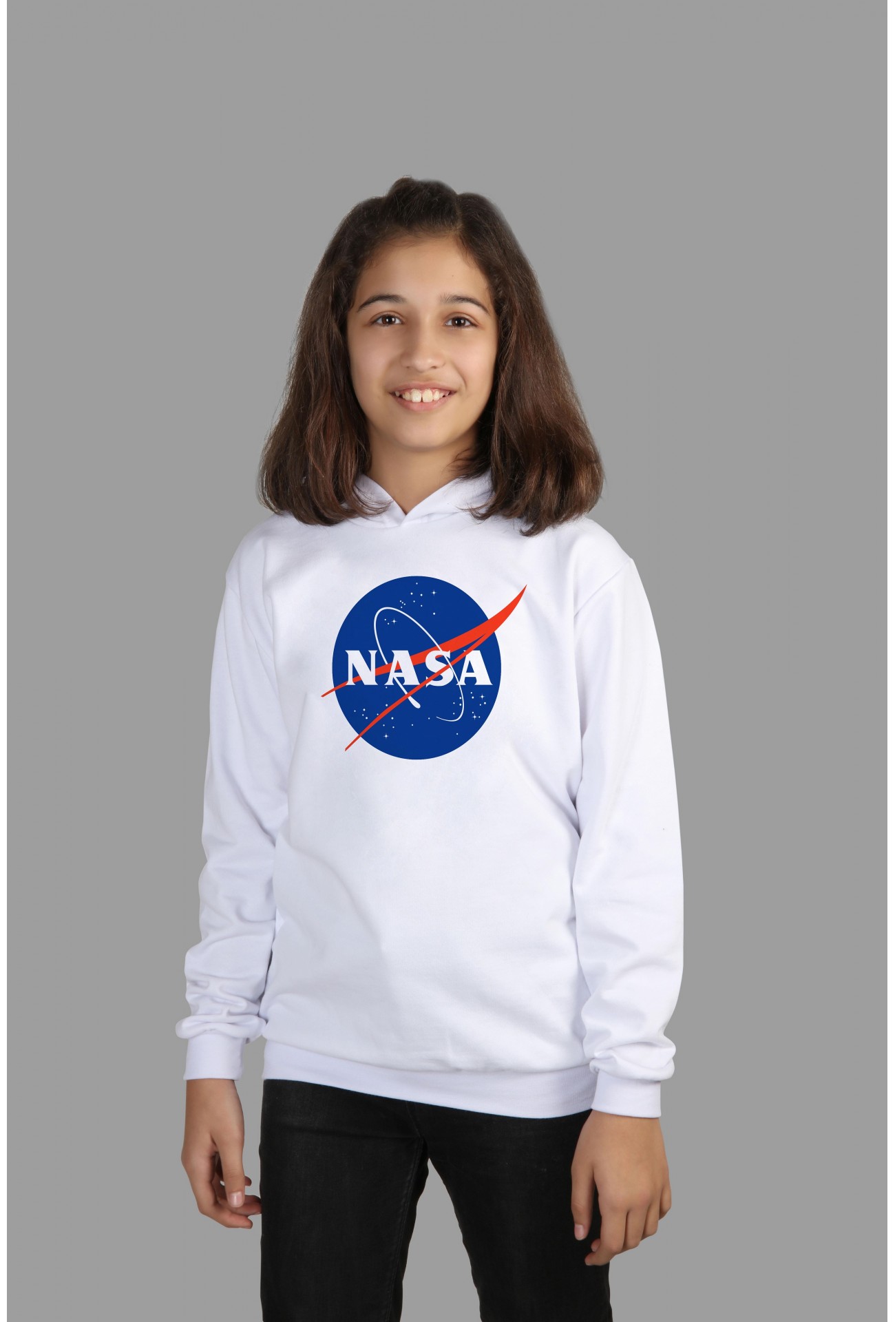 Raf Coll Çocuk Beyaz Kapşonlu Sweatshirt Nasa Dijital Baskılı Iki Iplik Içi Şardonlu