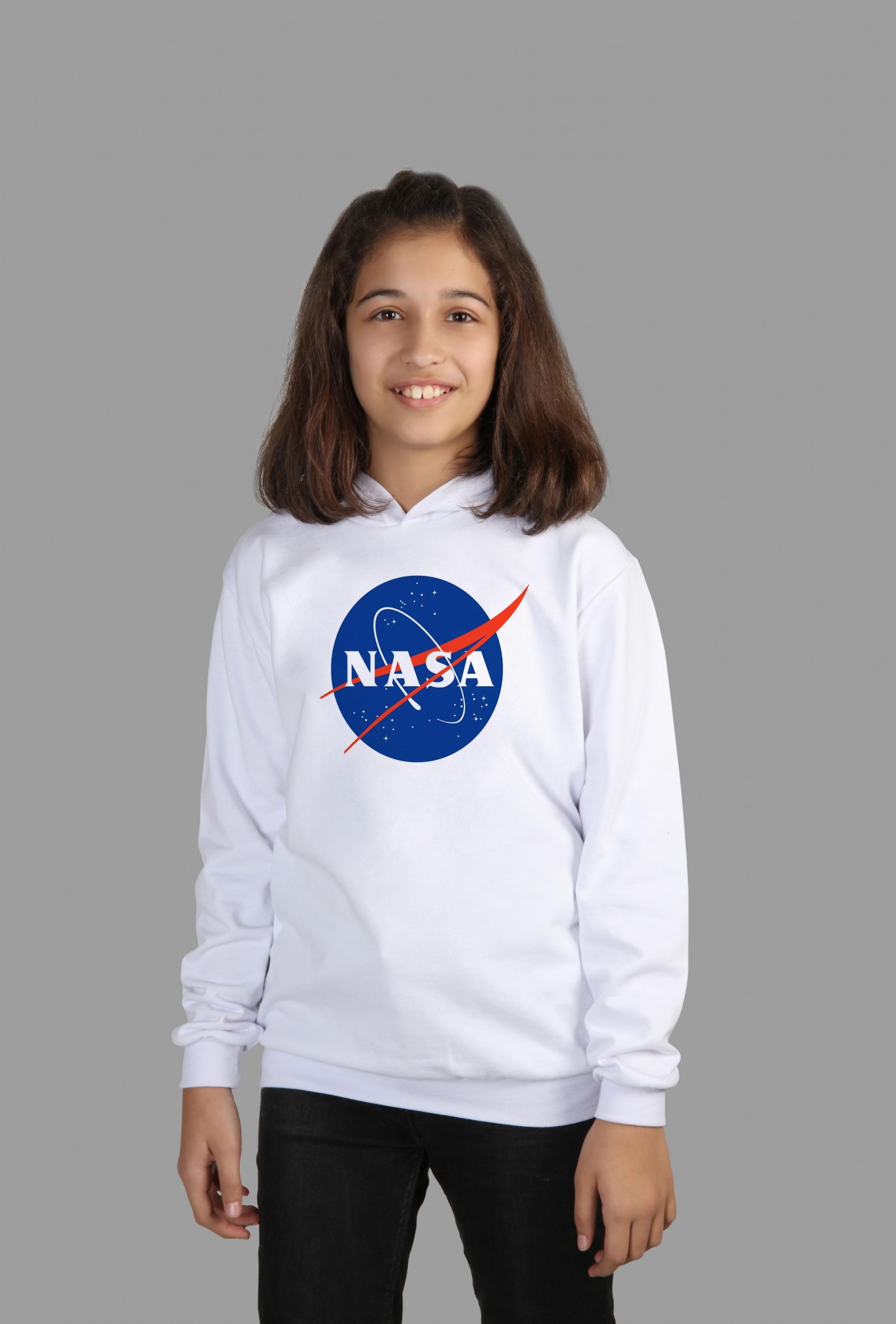 Raf Coll Çocuk Beyaz Kapşonlu Sweatshirt Nasa Dijital Baskılı Iki Iplik Içi Şardonlu