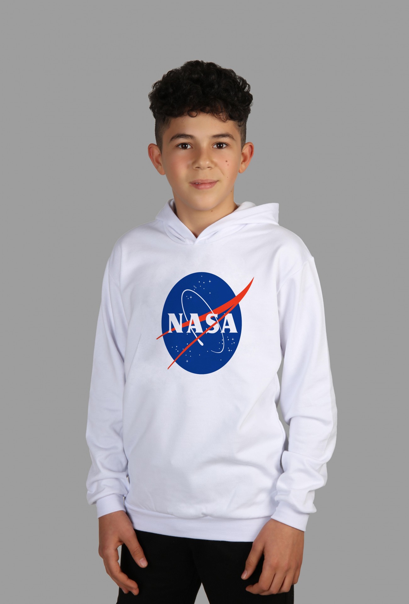 Raf Coll Çocuk Beyaz Kapşonlu Sweatshirt Nasa Dijital Baskılı Iki Iplik Içi Şardonlu