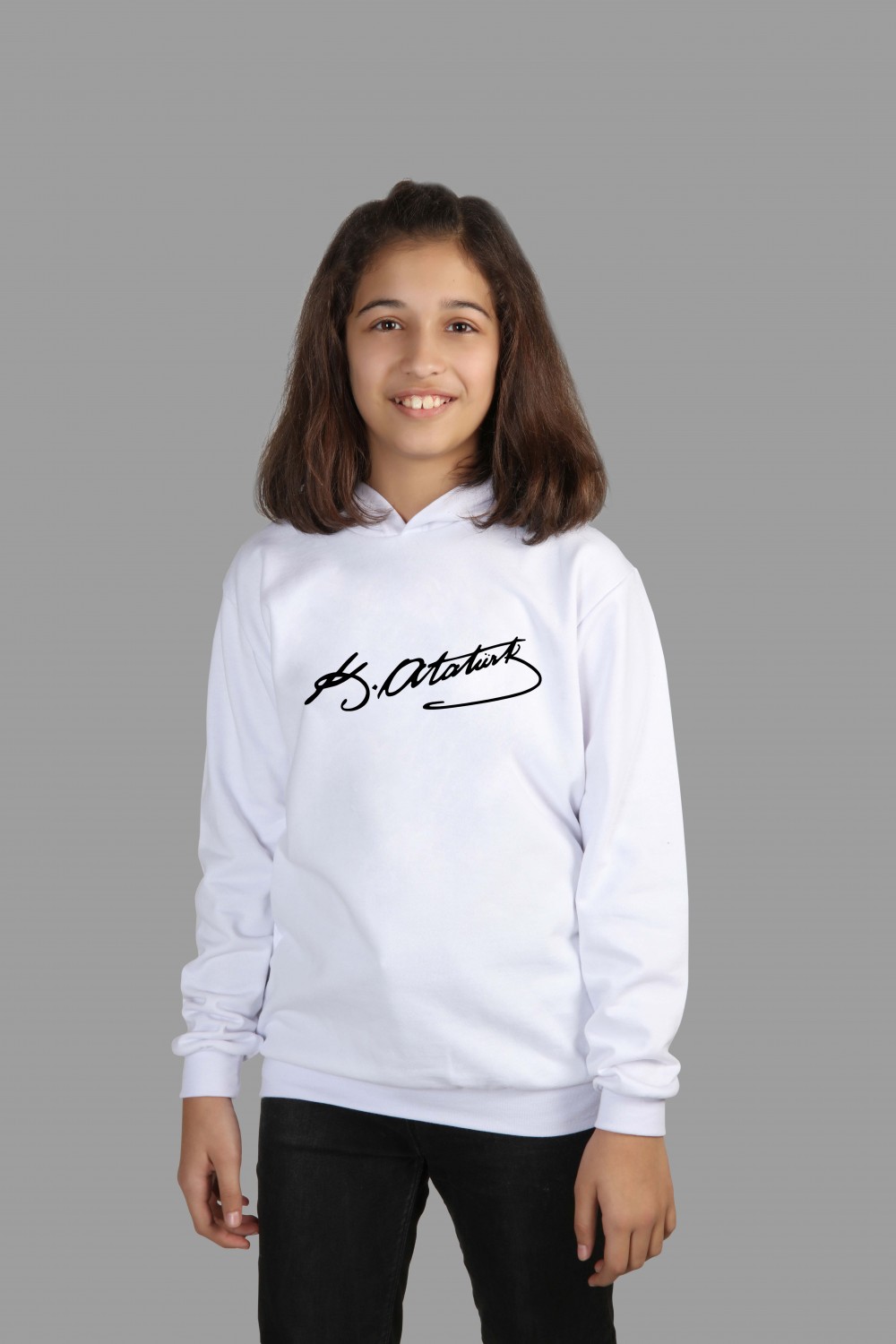 Raf Coll Çocuk Beyaz Kapşonlu Sweatshirt K. Atatürk Imza Dijital Baskılı Iki Iplik Içi Şardonlu