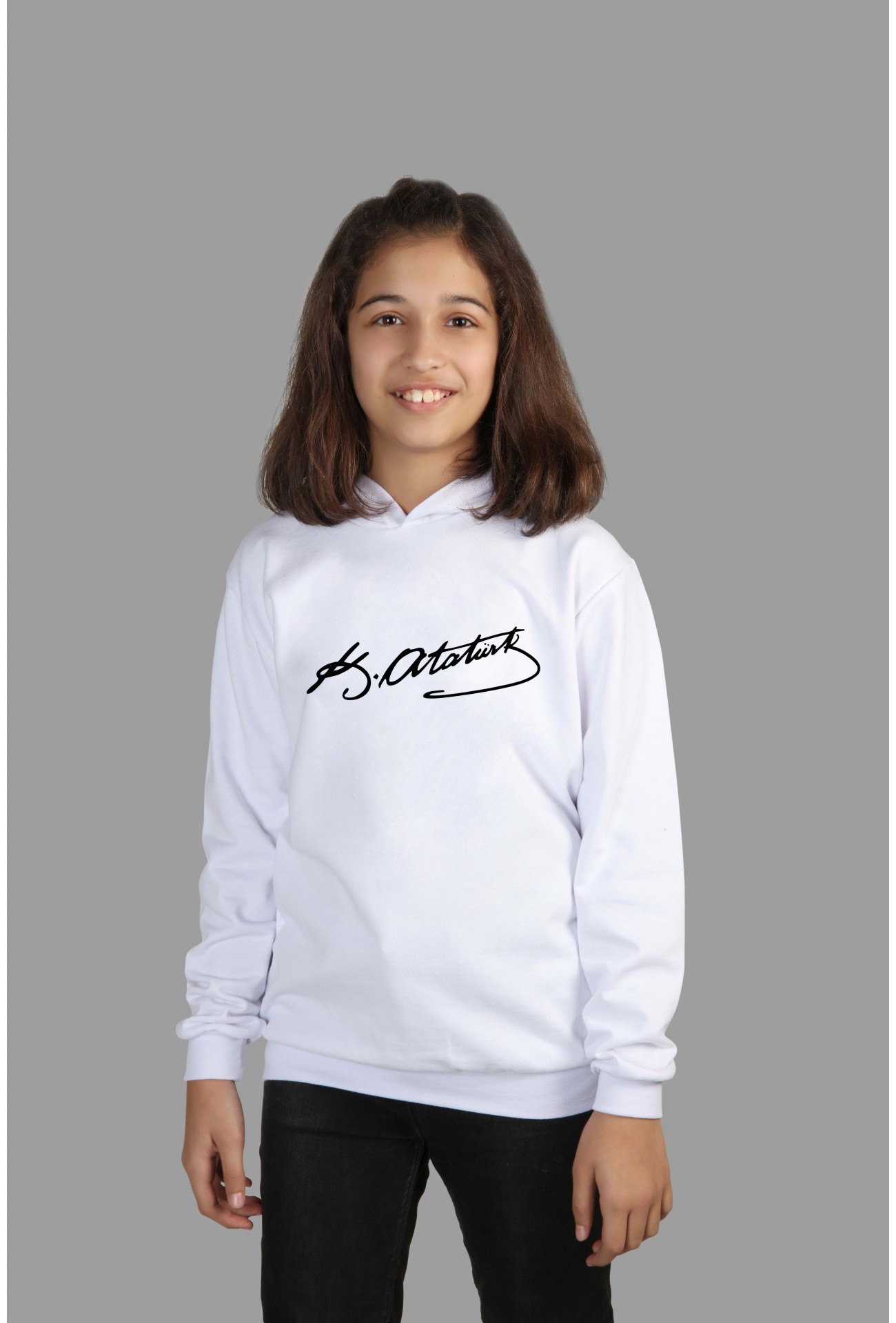 Raf Coll Çocuk Beyaz Kapşonlu Sweatshirt K. Atatürk Imza Dijital Baskılı Iki Iplik Içi Şardonlu