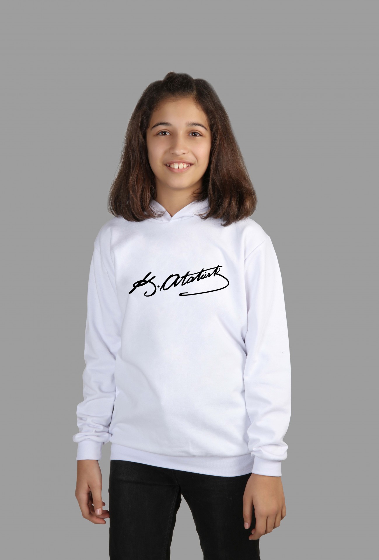 Raf Coll Çocuk Beyaz Kapşonlu Sweatshirt K. Atatürk Imza Dijital Baskılı Iki Iplik Içi Şardonlu