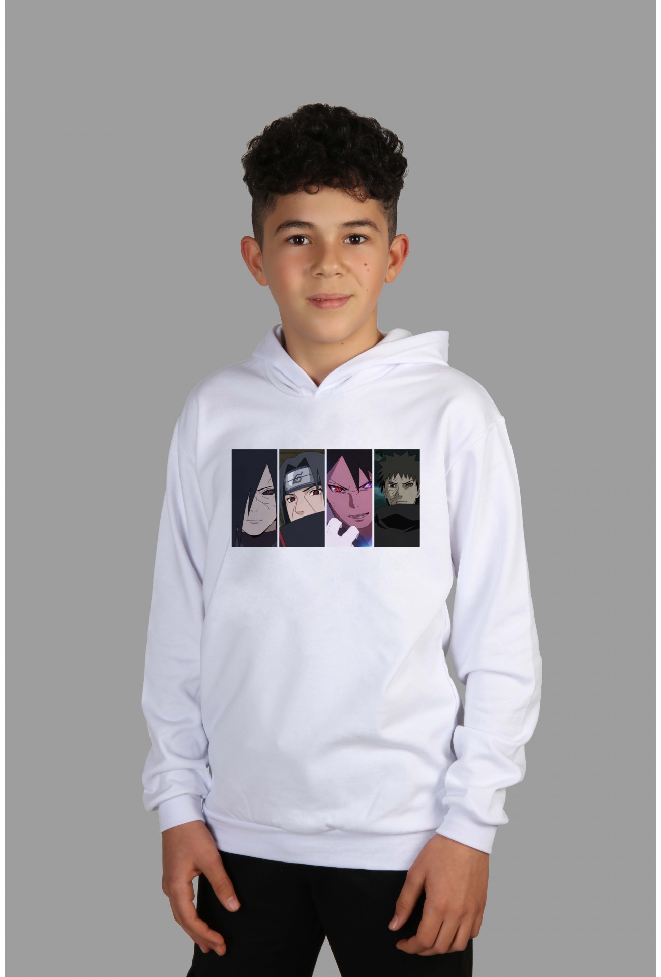 Raf Coll Çoçuk Beyaz Kapüşonlu Sweatshirt Naruto Dijital Baskılı Iki Iplik Içi Şardonlu