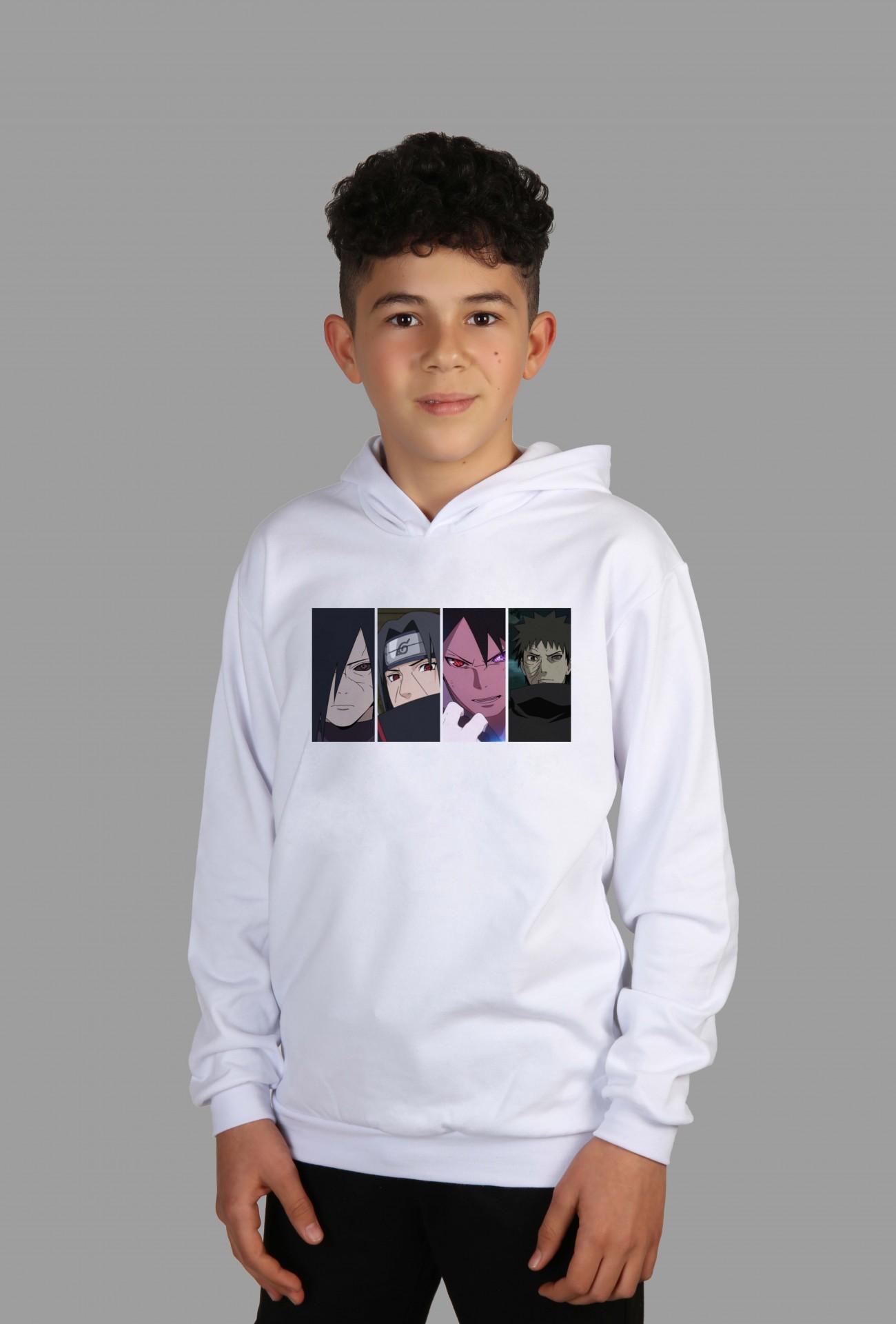 Raf Coll Çoçuk Beyaz Kapüşonlu Sweatshirt Naruto Dijital Baskılı Iki Iplik Içi Şardonlu