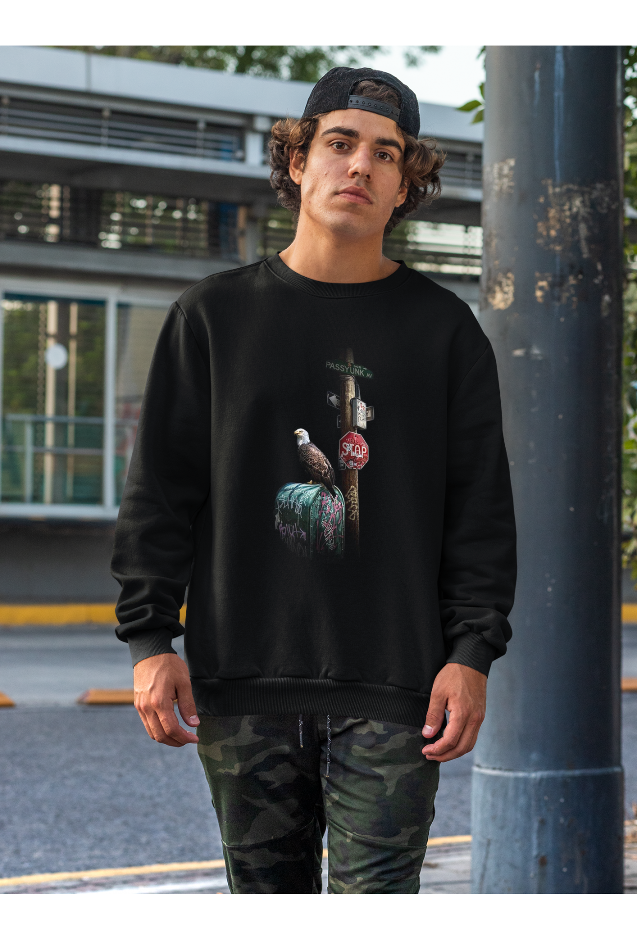 Raf Coll Siyah Oversize Bisiklet Yaka Kartal Tasarım Dijital Baskılı Ünisex Sweatshirt