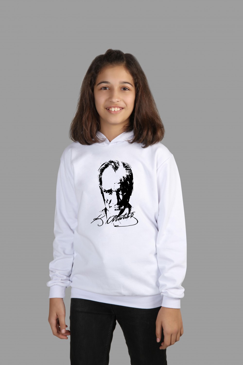 Çocuk Kapşonlu Sweatshirt Atatürk Dijital Baskılı Iki Iplik Içi Şardonlu