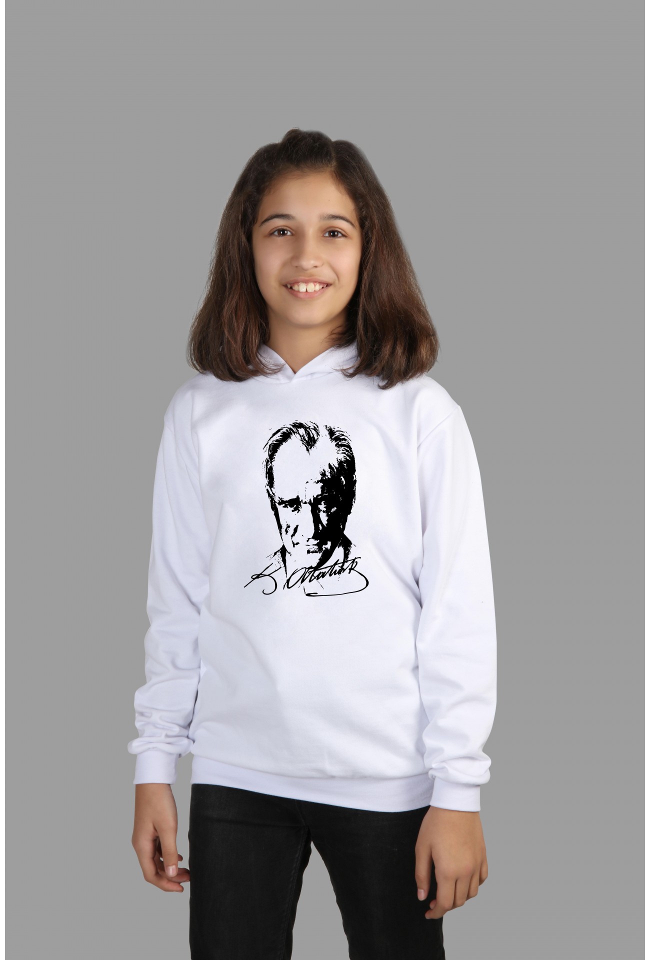 Çocuk Kapşonlu Sweatshirt Atatürk Dijital Baskılı Iki Iplik Içi Şardonlu