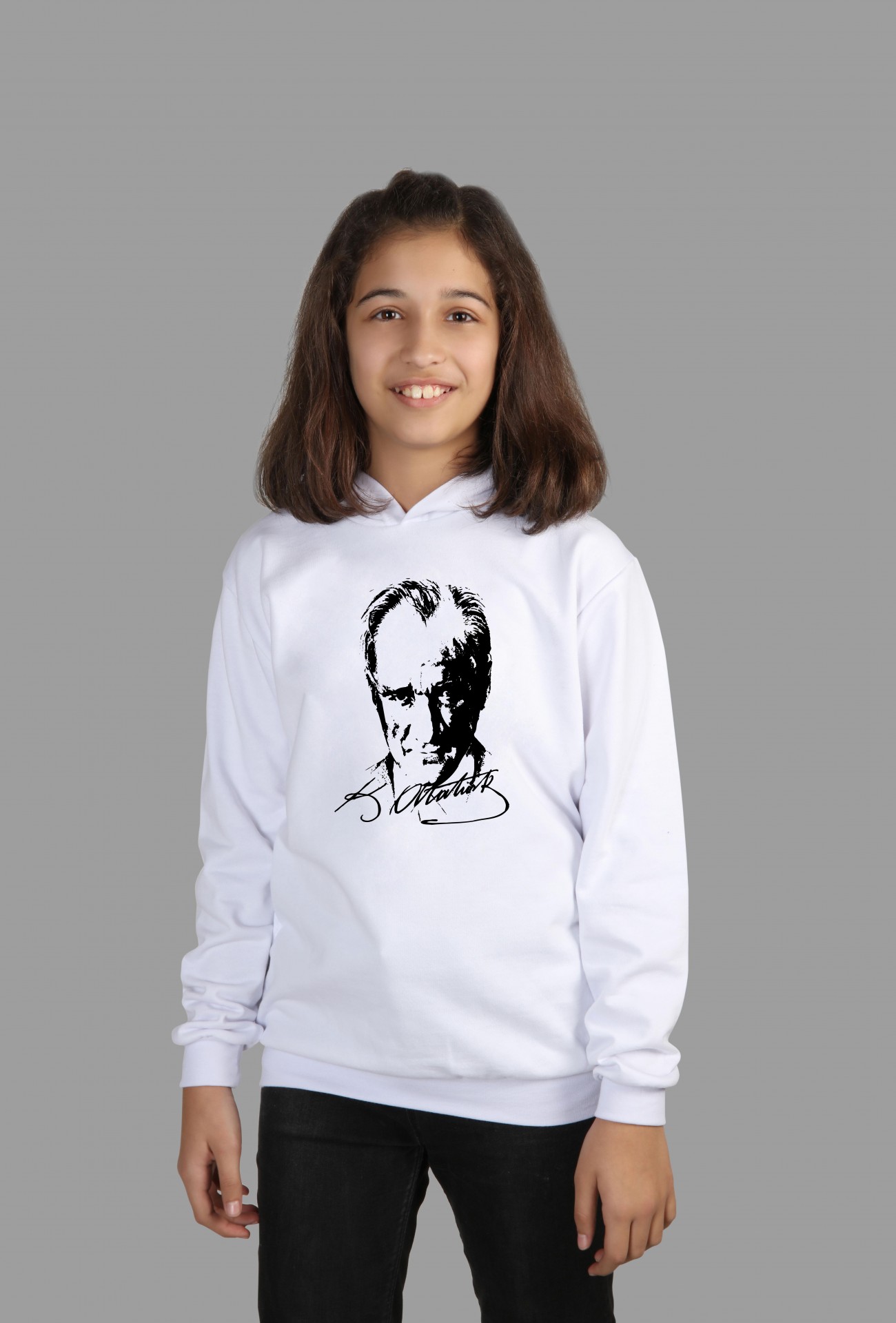 Çocuk Kapşonlu Sweatshirt Atatürk Dijital Baskılı Iki Iplik Içi Şardonlu